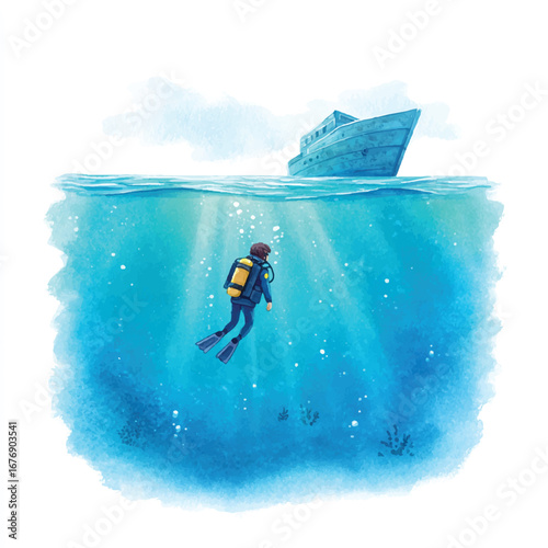 Watercolor Depiction of a Diver Exploring the Depths Near a Sunken Ship