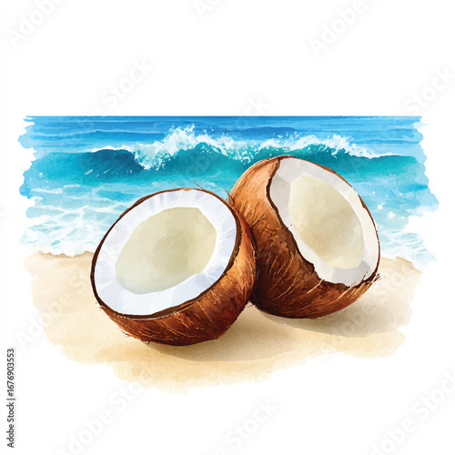 Watercolor depiction of two halved coconuts on sandy beach with ocean waves
