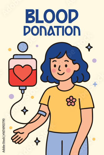 Blood Donation: Smiling young woman with a heart tattoo on her arm, donating blood to help save lives. The image conveys compassion and selflessness, with a blood bag attached to her arm.