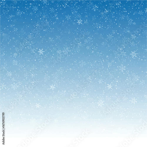 Serene winter scene with delicate, stylized vector snowflakes gently falling from a soft gradient sky of cool blue hues to crisp white, creating a peaceful, calming atmosphere.