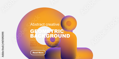 Abstract geometric background features vibrant orange, purple hues. Text sample present with read more button. Minimalist design.