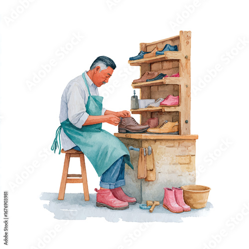 Watercolor Illustration of a Dedicated Shoe Repairman at Work