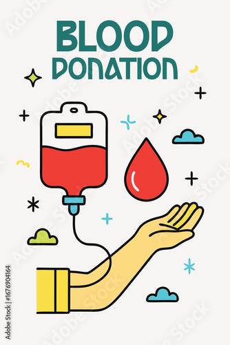 Blood Donation: Stylized illustration of a blood donation with a hand holding a blood bag and a droplet of red blood