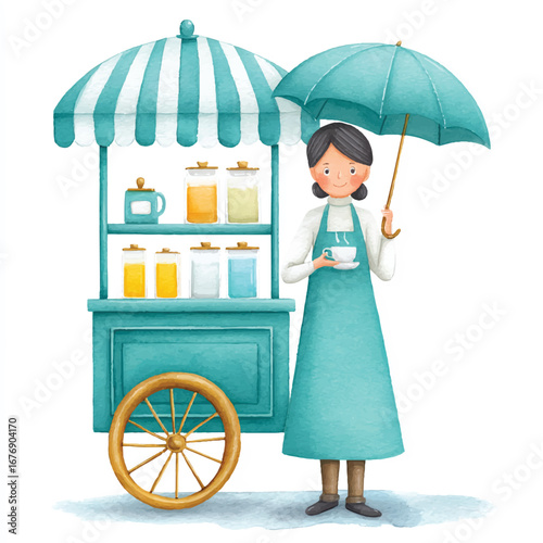 A Charming Teal Street Vendor Cart with a Smiling Woman