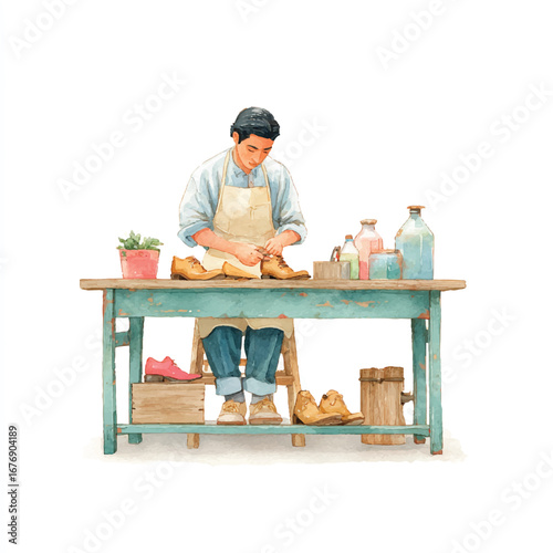 A Craftsman Carefully Repairing Shoes at His Rustic Workshop