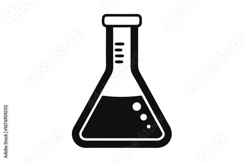Black Silhouette of Erlenmeyer Flask with Liquid and Bubbles for Science Research