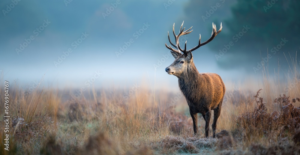 Fototapeta premium Majestic stag in a misty autumnal landscape (1)