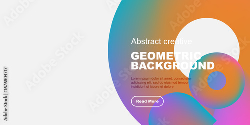 Abstract geometric background features vibrant color gradients. Text includes creative title, sample text, read more button. Minimalist design.