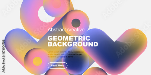 Abstract geometric background features vibrant overlapping shapes, text, button. Modern design, colorful gradients create dynamic visual impact.