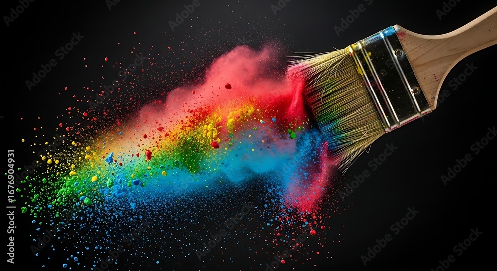 Fototapeta premium Paintbrush spreading vibrant rainbow colored powder