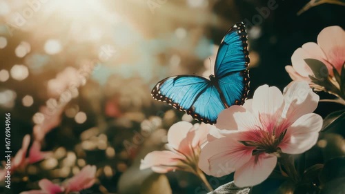 Blue Butterfly on Pink Flowers