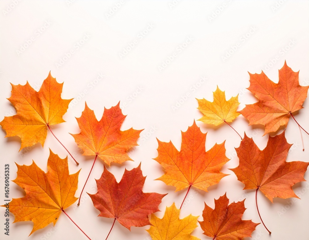 Obraz premium Generated image 赤や黄色に色づいたメープルリーフ 落ち葉 フラットレイ 暖かい光 秋 背景素材