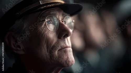 The old man's eyes are deep as if thinking about the future