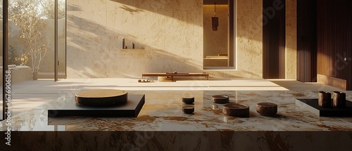 Serene Minimalist Interior with Warm Sunlight and Stone Accents