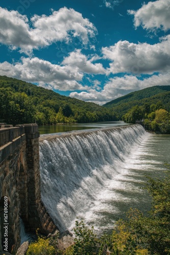 Wallpaper Mural Serene river flowing over a small dam with lush green hills under a partly cloudy sky Torontodigital.ca