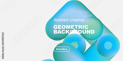 Abstract geometric background. Blue shapes overlap white space. Text includes geometric background, plus sample lorem ipsum text, button visible.