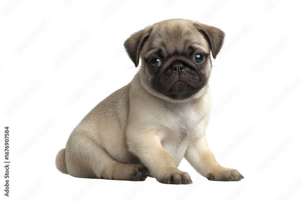 Obraz premium A cute little puppy is sitting on a white background. The puppy has a sad expression on its face