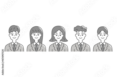 制服姿の若い男女の線画イラスト 白黒