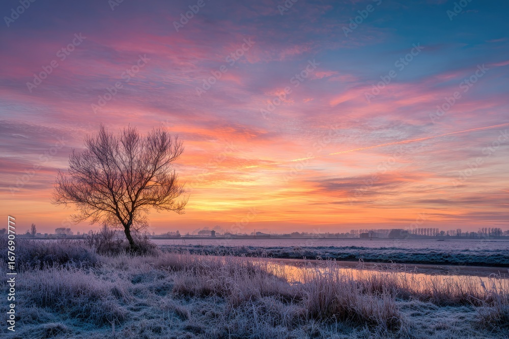 Fototapeta premium Frozen landscape at dawn, vibrant colors