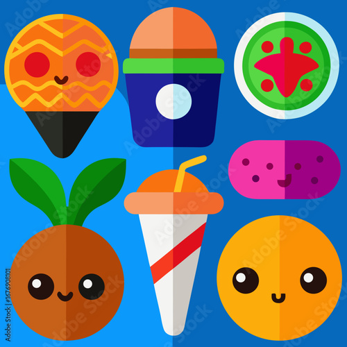 Colorful flat icons. Burger, pizza, sushi, coffee to go, cocktail, vegan icon (leaf), vegetarian icon, carrot, fish, bun (dessert). Bright appetizing colors.