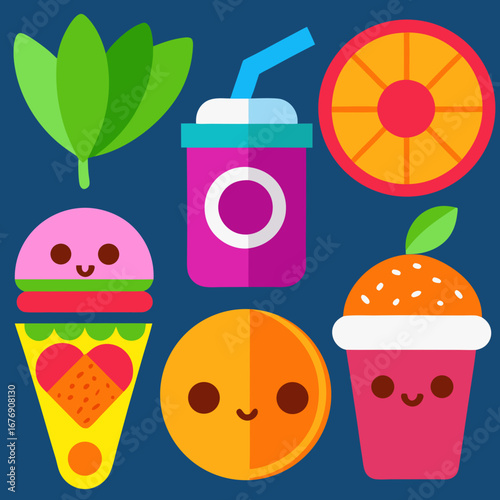 Colorful flat icons. Burger, pizza, sushi, coffee to go, cocktail, vegan icon (leaf), vegetarian icon, carrot, fish, bun (dessert). Bright appetizing colors.