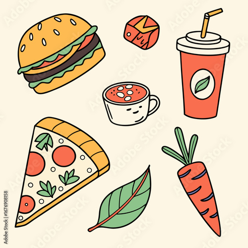 Colorful flat icons. Burger, pizza, sushi, coffee to go, cocktail, vegan icon (leaf), vegetarian icon, carrot, fish, bun (dessert). Bright appetizing colors.