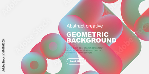 Abstract geometric shapes, vibrant colors, modern design. Text includes geometric background, plus sample text, button. Minimalist aesthetic.