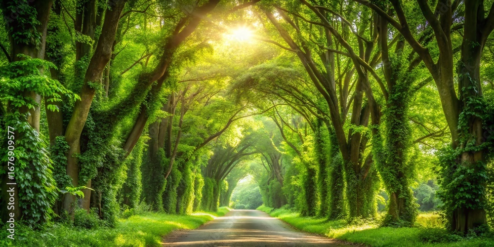 Naklejka premium Lush Green Tree Tunnel Path: Ecotourism, Wellness, and Lifestyle Stock Photo