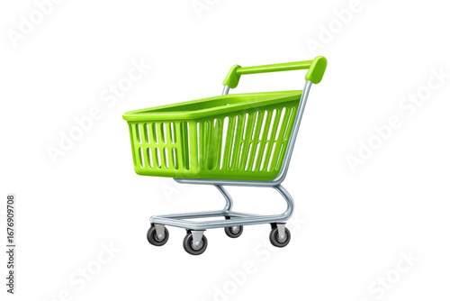 A green shopping cart with a basket on the front. The cart is empty. The cart is on a white background