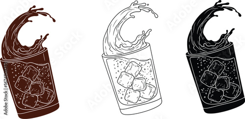Illustration of cola drink with ice cubes and splash effect art