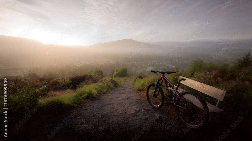 Obraz premium Wide view of a mountain bike near trail in valley with misty peaks and sunrise glow