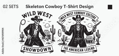 Skeleton Cowboy T-Shirt Design, Wild West Skeleton Graphic Tee Illustration, Cowboy Skull T-Shirt Artwork