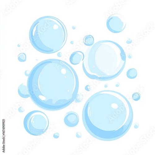 Light blue soap bubbles scattered on a white background