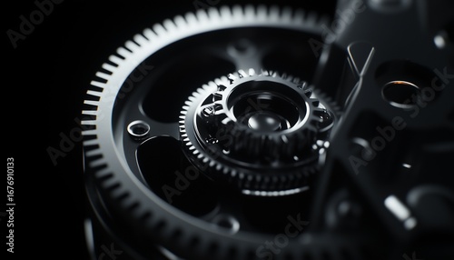 Engine gear wheel metal steel industrial technology on dark black background