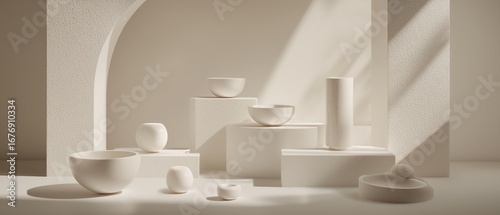 Serene Minimalist Still Life: Off-White Ceramic Vessels on Geometric Platforms