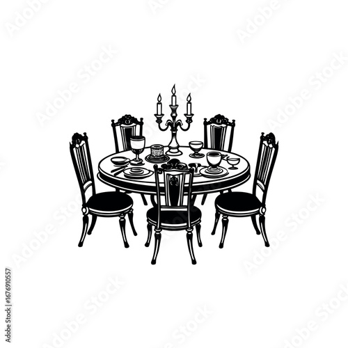 A formal dining table with candelabra and ornate chairs drawing silhouette Vector 