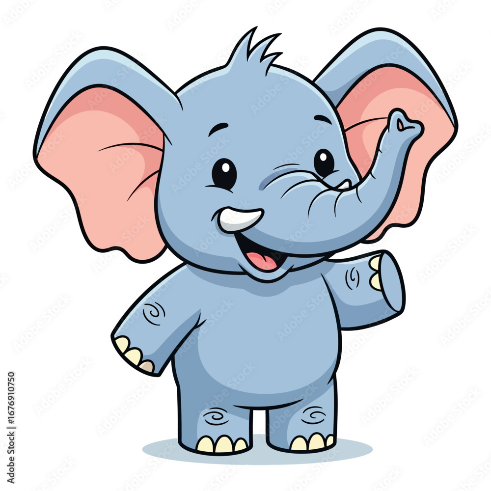 Fototapeta premium Adorable cartoon baby elephant waving happily with big ears and friendly smile vector