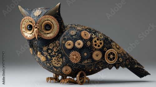 A meticulously crafted owl sculpture dominates the foreground, constructed from an intricate assemblage of gears, cogs, and metallic plates. The owl?s body is predominantly dark blue,