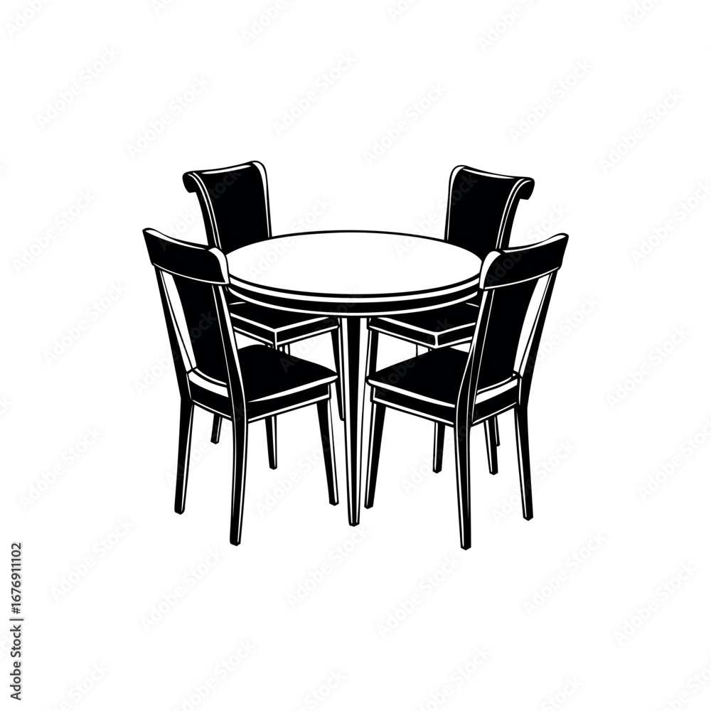 Fototapeta premium Elegant round dining table with four wooden chairs, monochrome illustration silhouette Vector 