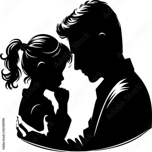 Father and Daughter Silhouette: A touching monochrome silhouette depicts a father and daughter in a moment of tender affection. The scene captures the essence of family, love.