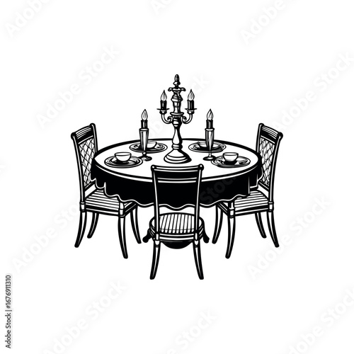 Illustration of a formally set dining table with a candelabra centerpiece silhouette Vector 