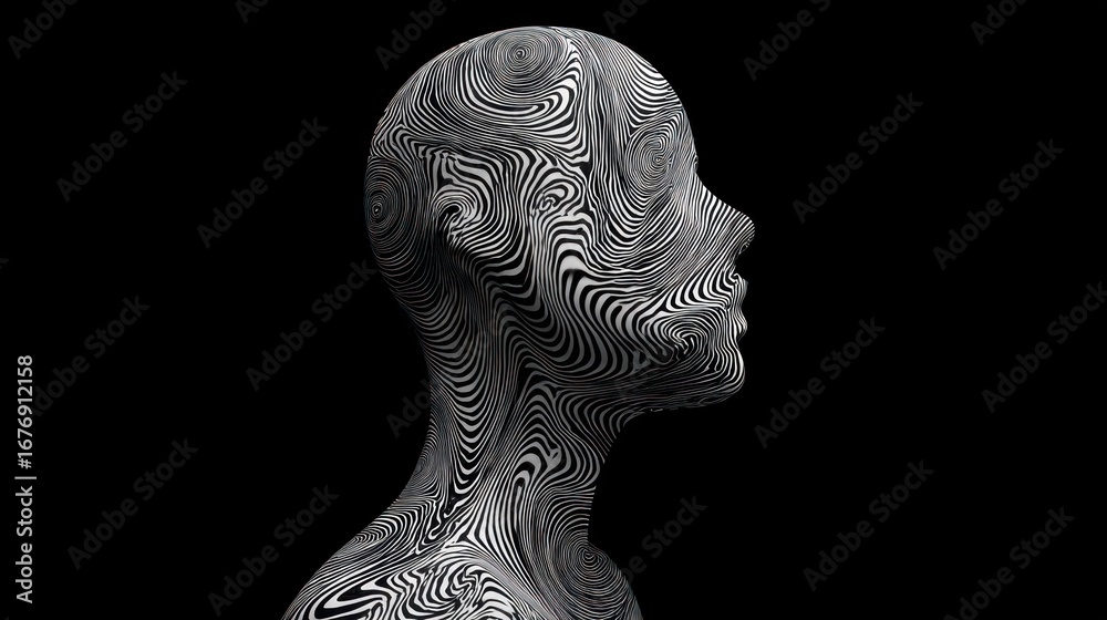 A stark, black and white 3D head sculpture dominates the frame, presented in a profile view. The sculpture?s surface is intricately covered in swirling,