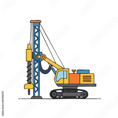 A vibrant 2D flat illustration of a construction drilling rig depicts the machinery in a clean, side-view profile with bold lines, isolated on a pure white background.