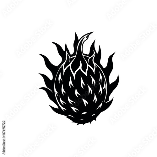 Stylized Black and White Illustration of Dragon Fruit surrounded by Flames silhouette Vector 