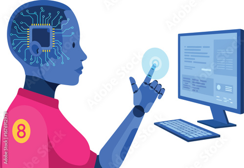 Illustration of a humanoid robot interacting with a computer screen.