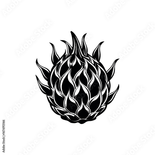 Striking monochrome dragon fruit artwork showcasing exotic fruit in bold silhouette vector