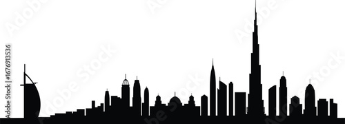 Dubai skyline silhouette, cityscape illustration, modern architecture, famous skyscrapers, Burj Khalifa, urban landscape, UAE landmark, black vector design