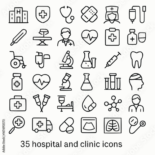 Collection of 35 medical and healthcare service icons for digital use
