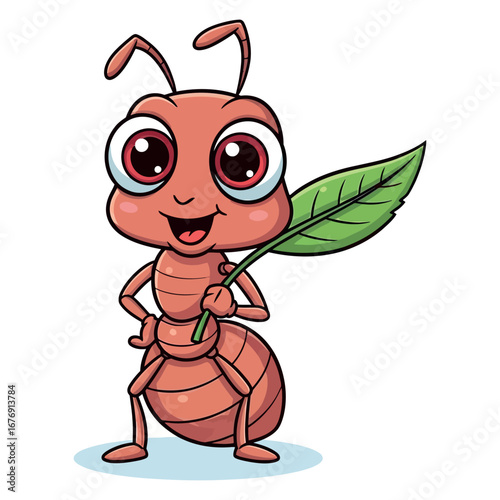 Cute cartoon ant character holding a green leaf with big eyes and a happy smile vector