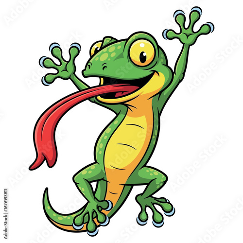 Playful cartoon gecko with extra long tongue out and arms raised in a fun pose vector